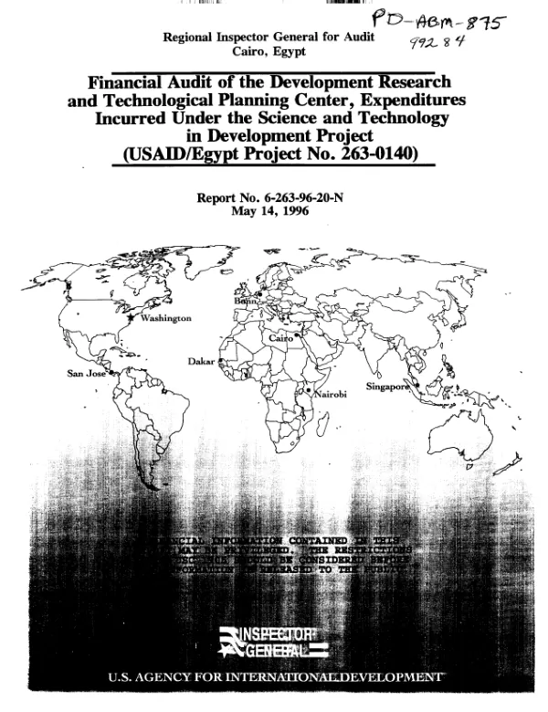 Financial audit of the Development Research and Technological Planning Center, expenditures incurred under the science and technology in development project (USAID/Egypt project no. 263-0140)