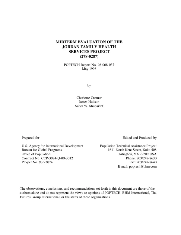 Midterm evaluation of the Jordan family health services project (278-0287)