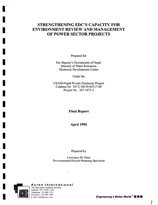 Strengthening EDC"s [Electricity Development Center] capacity for environment review and management of power sector projects -- final report