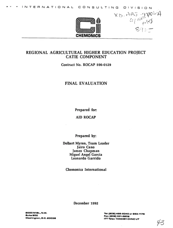Regional agricultural higher education project : CATIE component, contract no. ROCAP 596-0129 -- final evaluation