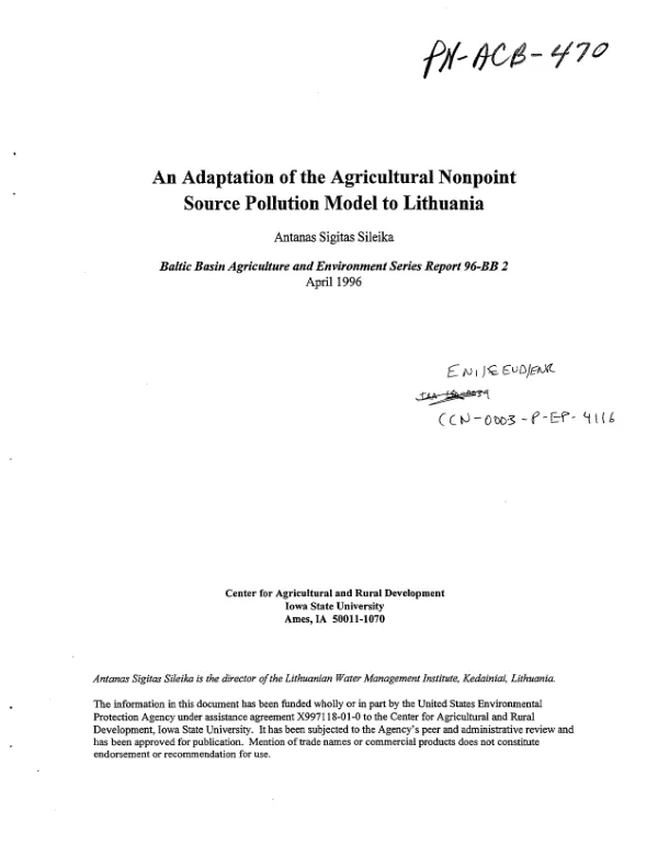Adaptation of the agricultural nonpoint source pollution model to Lithuania
