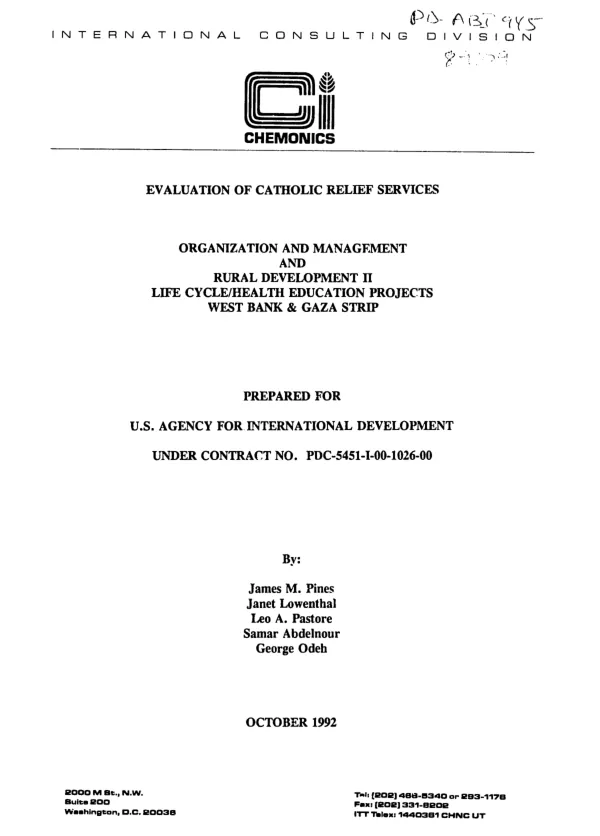 Evaluation of Catholic Relief Services : organization and management and rural development II -- life cycle/health education projects : West Bank and Gaza Strip