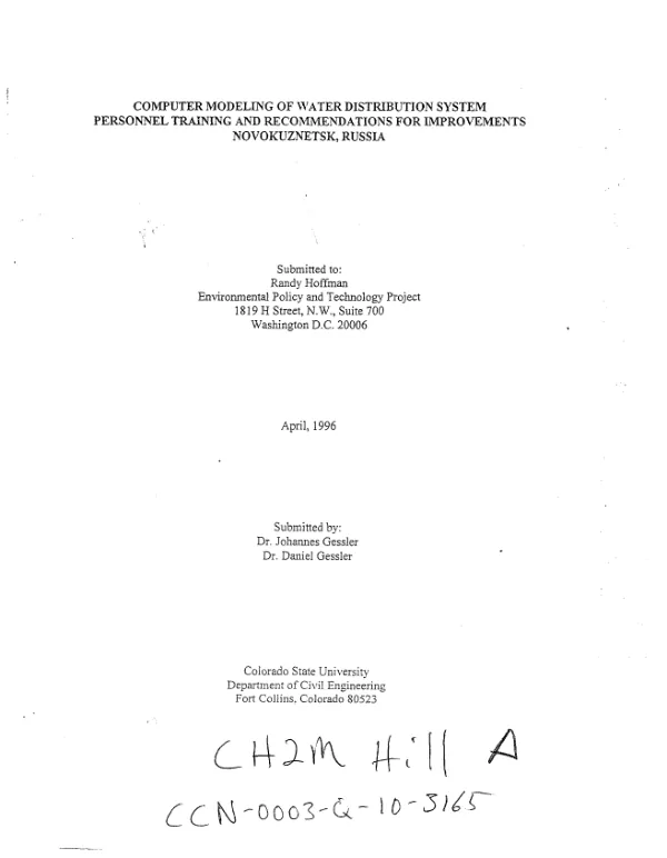 Computer modeling of water distribution system : personnel training and recommendations for improvements, Novokuznetsk, Russia
