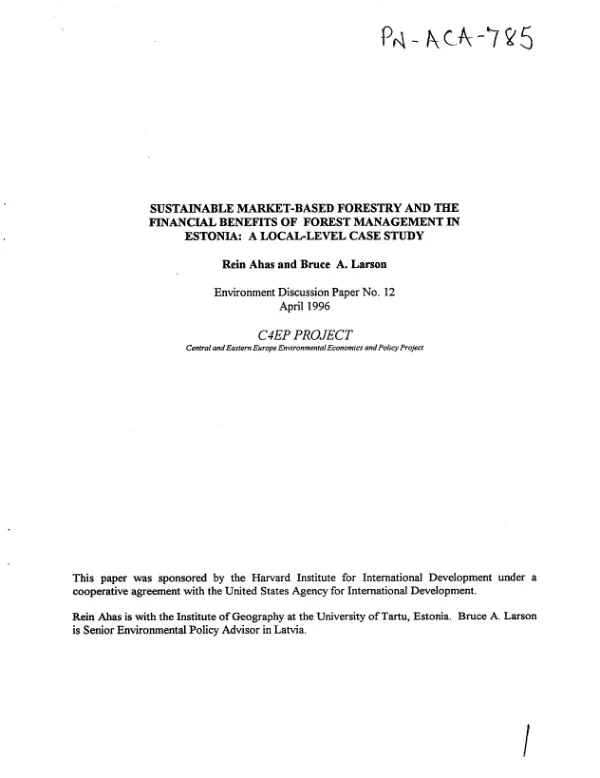 Sustainable market-based forestry and the financial benefits of forest management in Estonia : a local-level case study