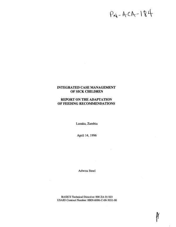 Integrated case management of sick children : report on the adaptation of feeding recommendations -- Lusaka, Zambia, April 14, 1996