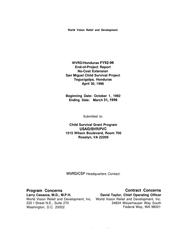 WVRD/Honduras FY 92-96 : end of project report -- no cost extension, San Miguel child survival project, Tegucigalpa, Honduras