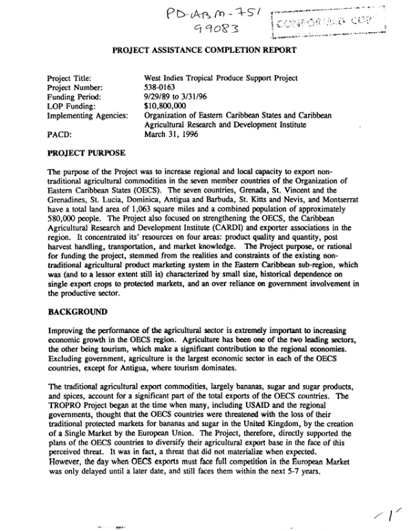 Project assistance completion report : West Indies tropical support project