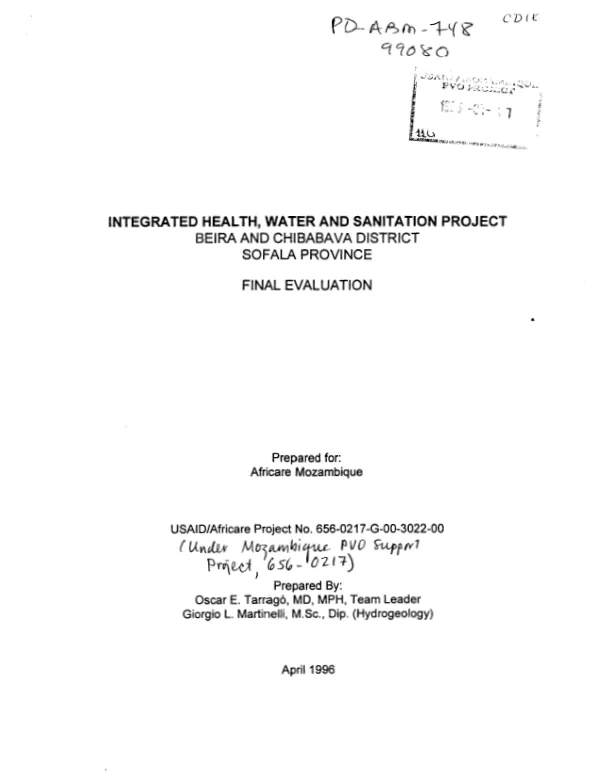 Integrated health, water and sanitation project : Beira and Chibabava District, Sofala Province -- final evaluation