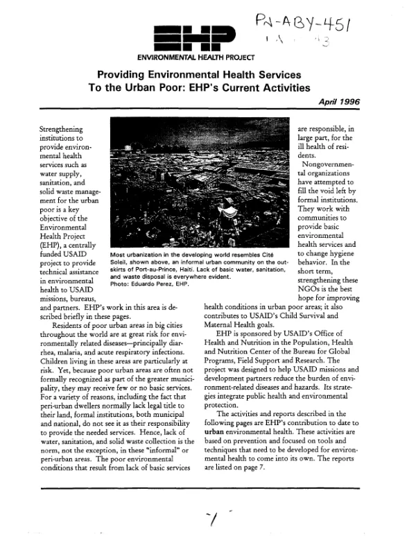 Providing environmental health services to the urban poor : EHP"s current activities