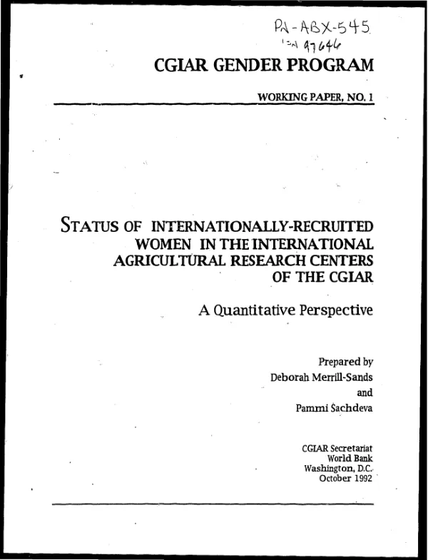 Status of internationally-recruited women in the international agricultural research centers of the CGIAR : a quantitative perspective