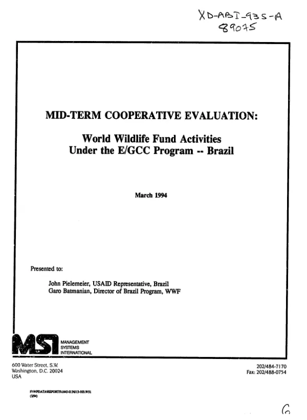 Mid-term cooperative evaluation : World Wildlife Fund activities under the E/GCC program -- Brazil