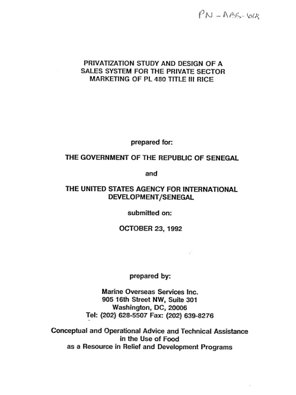 Privatization study and design of a sales system for the private sector marketing of PL 480 Title III rice