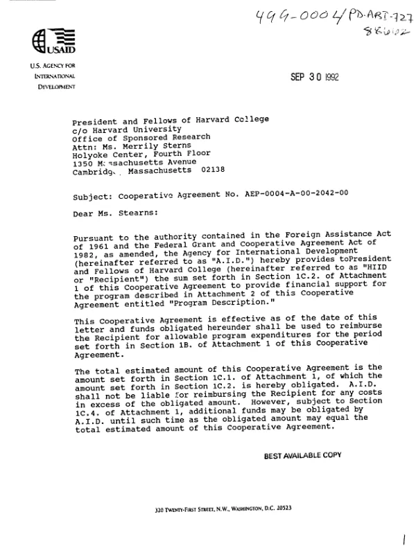 AID cooperative agreement no. AEP-0004-A-00-2042-00 with Harvard University for a program entitled `policy analysis and training in environmental economics for Asia and the Pacific"