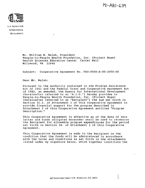 AID cooperative agreement no. FAO-0500-A-00-2050-00 with People-to-People Health Foundation, Inc. (Project Hope) for the Ecuador child survival project