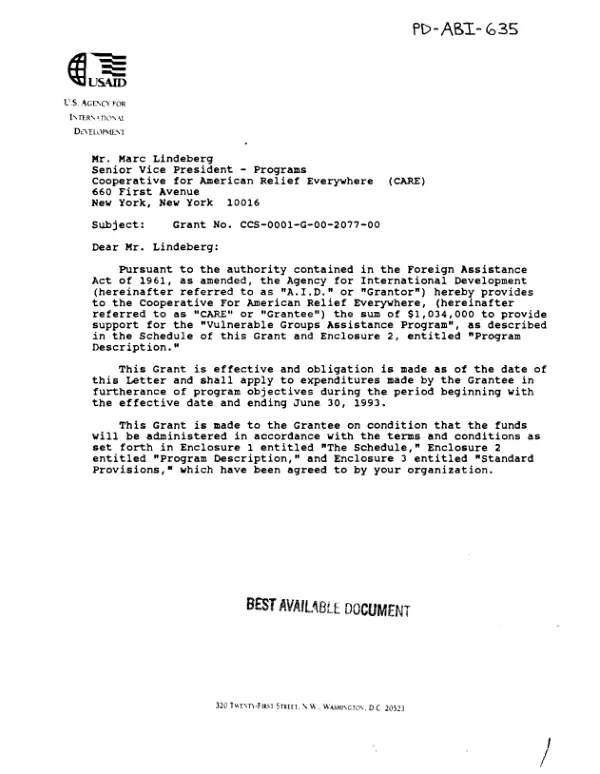 AID grant no. CCS-0001-G-00-2077-00 to Cooperative for American Relief Everywhere (CARE) for a feeding program for poverty group pregnant and lactating mothers and children in the NIS