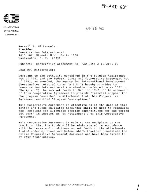 AID cooperative agreement no. FAO-0158-A-00-2056-00 with Conservation International for a program entitled `economic approaches to marine resource conservation in the Asia and Pacific Region"