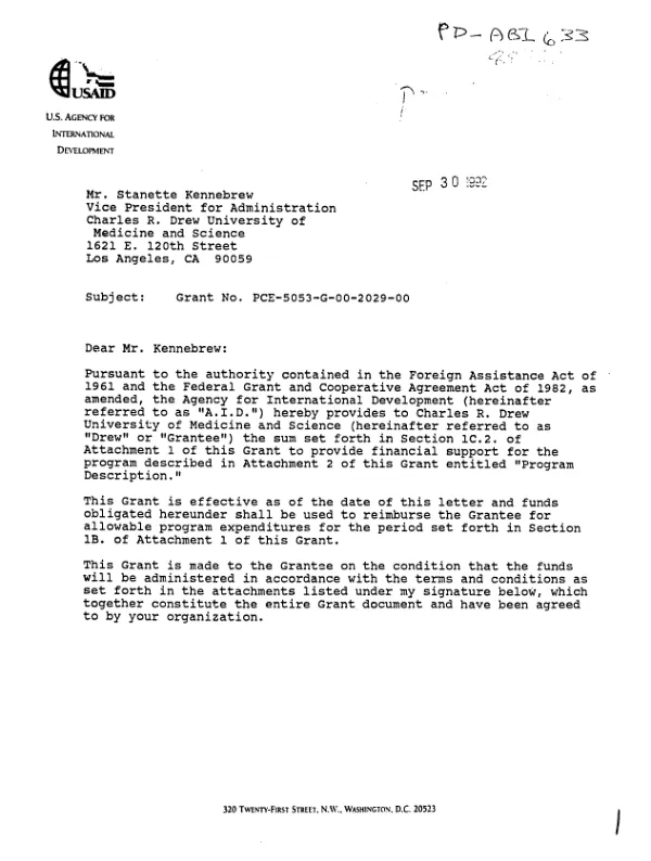 AID grant no. PCE-5053-G-00-2029-00 to Charles R. Drew University of Medicine and Science for program entitled `hypertension in Dominica : training detection and understanding"