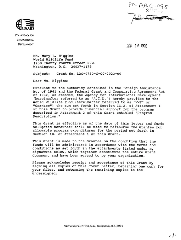 AID grant no. LAG-0780-G-00-2023-00 to World Wildlife Fund for a program entitled `conservation and sustainable resource use in the Colombian Choco"