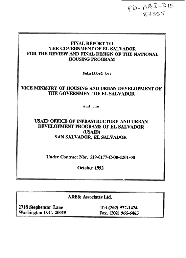 Final report to the Government of El Salvador for the review and final design of the national housing program