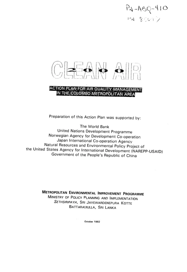 Clean air : action plan for air quality management in the Colombo metropolitan area
