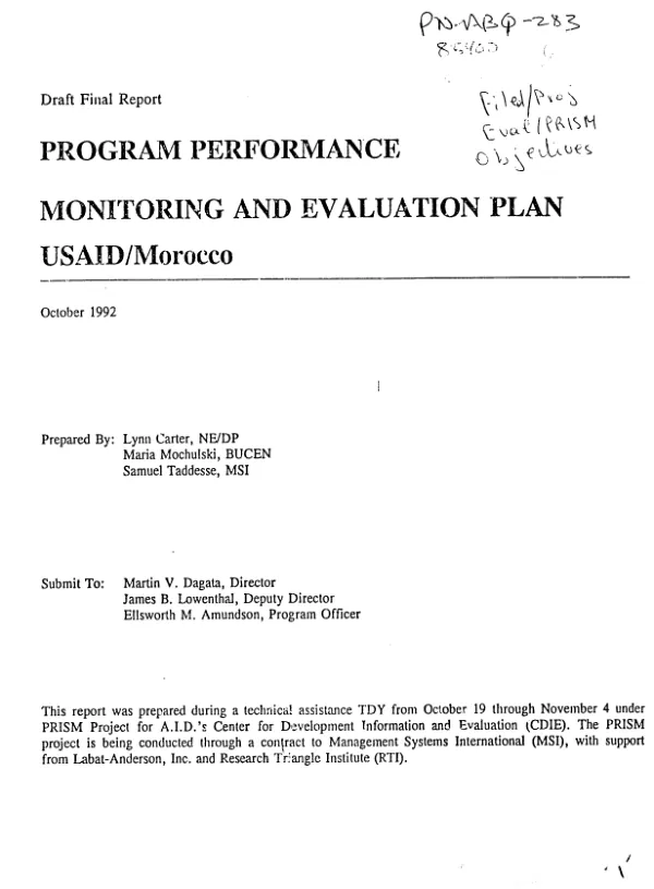 Program performance : monitoring and evaluation plan -- USAID/Morocco