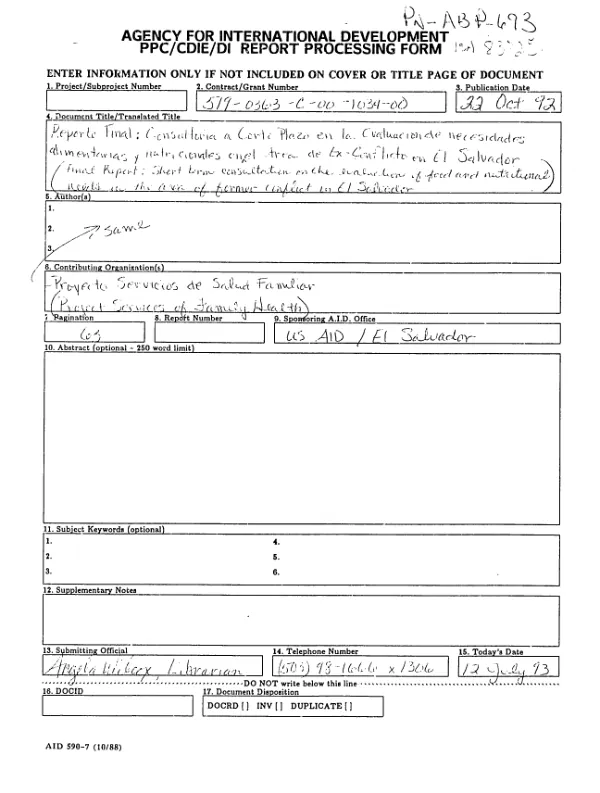Reporte final : consultoria a corto plazo en la evaluacion de necesidades alimentarias y nutricionales en el area de ex-conflicto en El Salvador
