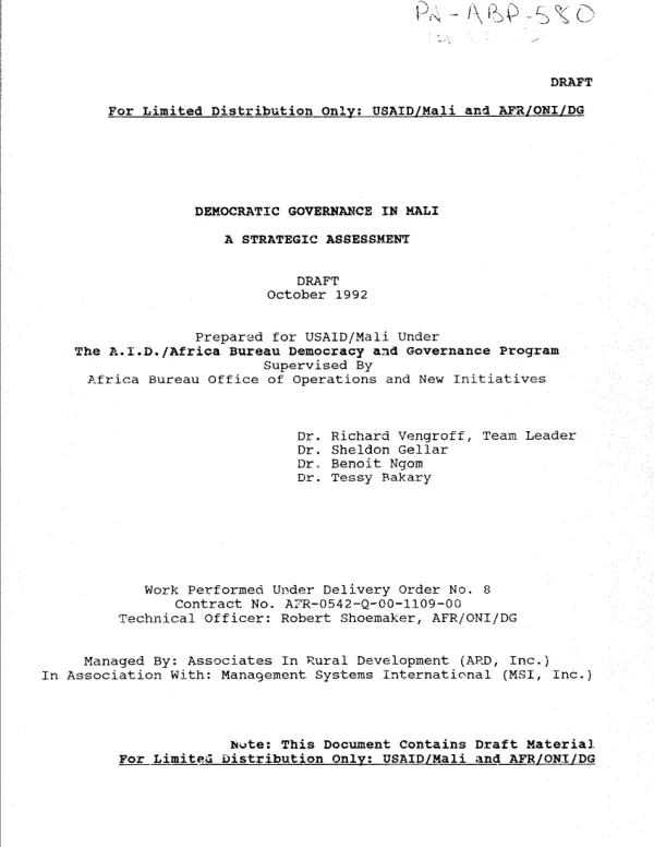 Democratic governance in Mali : a strategic assessment