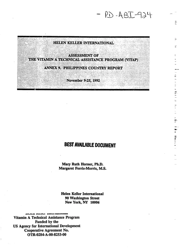 Helen Keller International : assessment of the Vitamin A technical assistance program (VITAP) -- Annex 9. Philippines country report -- November 9 -25, 1992