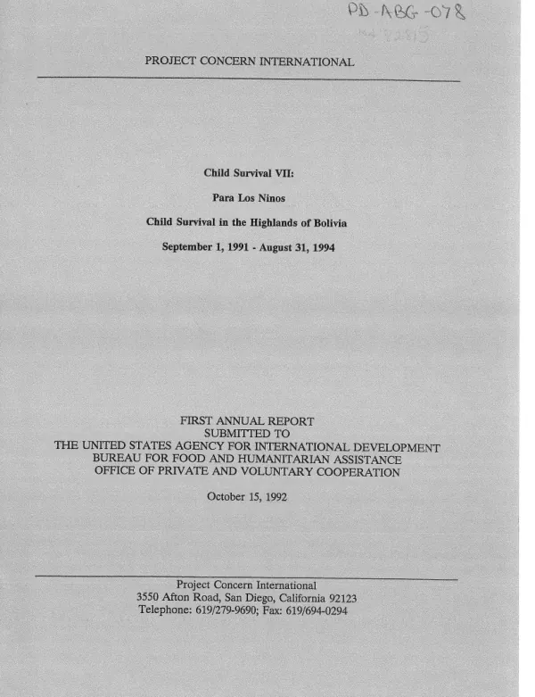 Child survival VII : para los ninos -- child survival in the highlands of Bolivia : September 1, 1991-August 31, 1994 -- first annual report submitted to the United States Agency for International Development, Bureau for Food and Humanitarian Assistance, Office of Private and Voluntary Cooperation