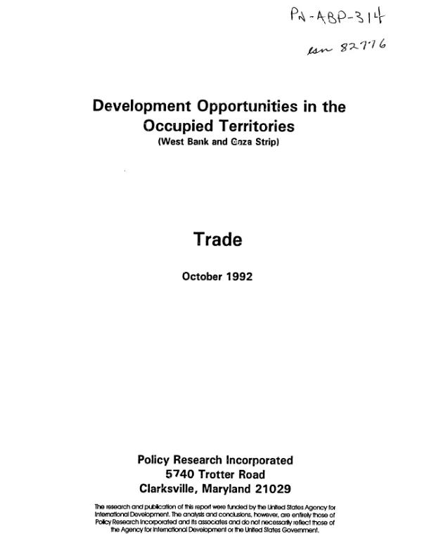Development opportunities in the Occupied Territories (West Bank and Gaza Strip) -- trade