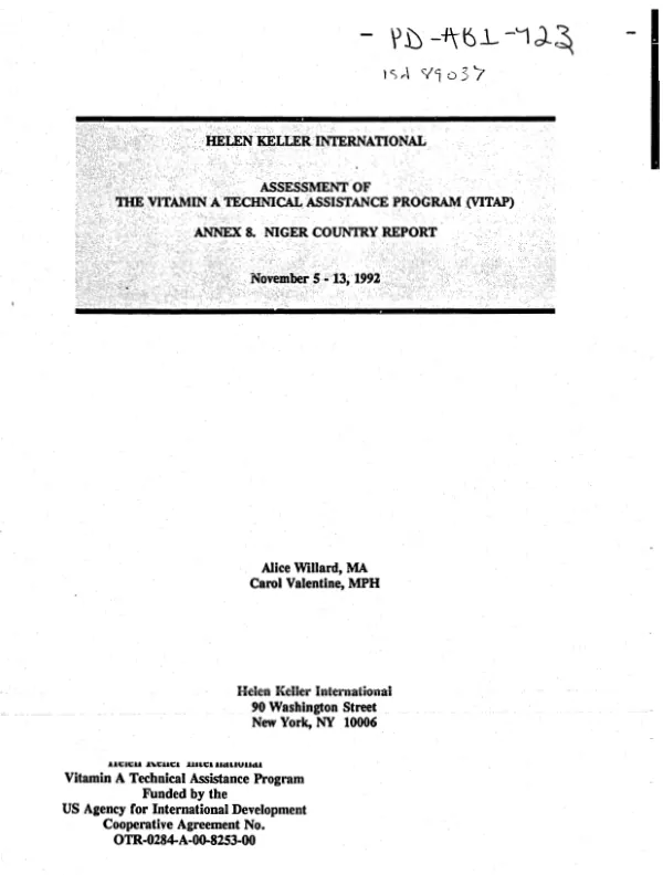 Helen Keller International : assessment of the Vitamin A technical assistance program (VITAP) -- Annex 8. Niger country report -- November 5-13, 1992
