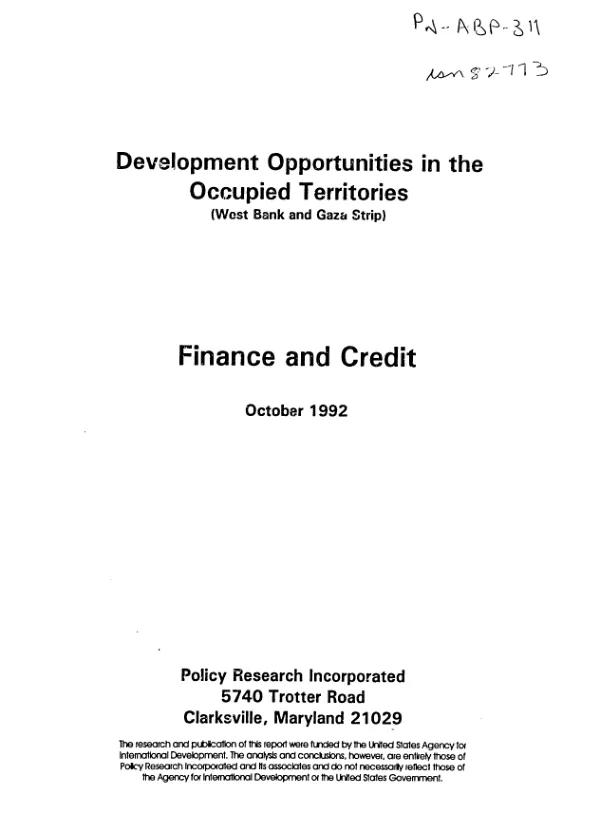 Development opportunities in the Occupied Territories (West Bank and Gaza Strip) : finance and credit