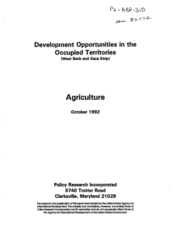 Development opportunities in the Occupied Territories -- agriculture