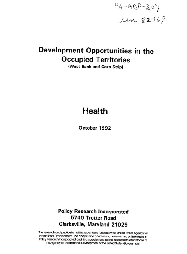 Development opportunities in the Occupied Territories (West Bank and Gaza Strip) -- health