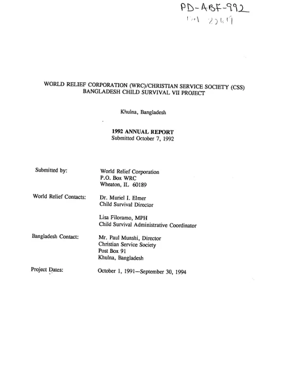 World Relief Corporation (WRC)/Christian Service Society (CSS) : Bangladesh child survival VII project -- Khulna, Bangladesh : 1992 annual report