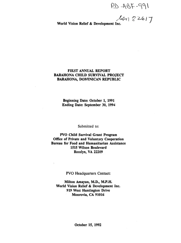 First annual report : Barahona child survival project -- Barahona, Dominican Republic