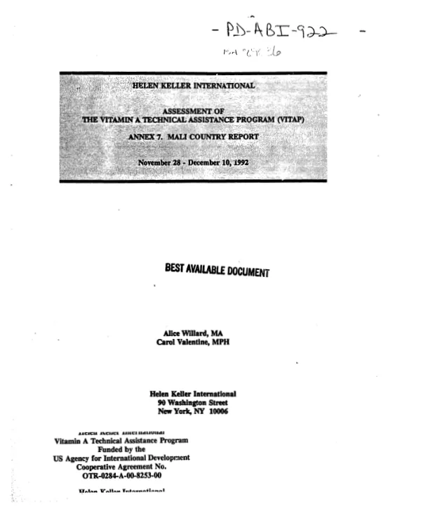 Helen Keller International : assessment of the Vitamin A technical assistance program (VITAP) -- annex 7. Mali country report -- November 28-December 10, 1992