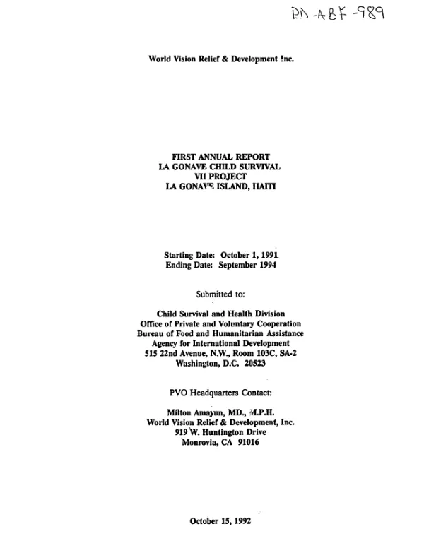 First annual report : La Gonave child survival VII project -- La Gonave Island, Haiti