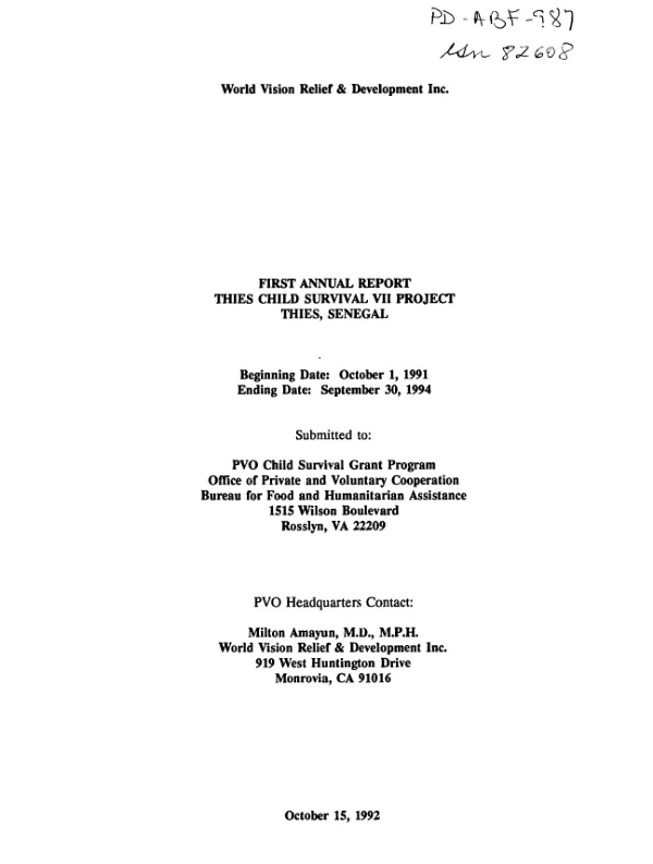 First annual report : Thies child survival VII project -- Thies, Senegal