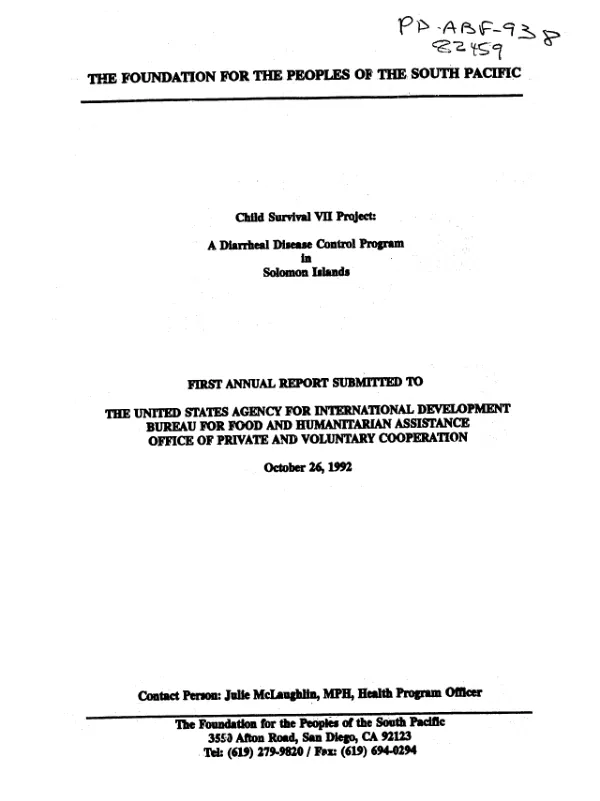 Child survival VII project : a diarrheal disease control program in Solomon Islands -- first annual report