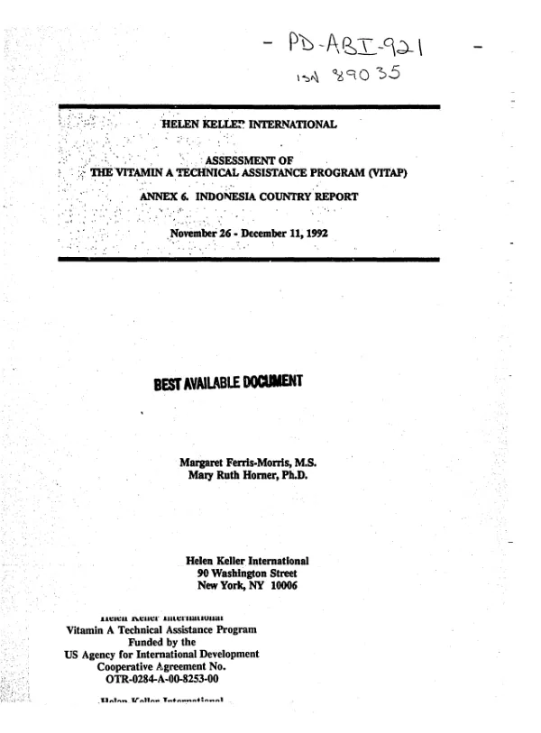 Helen Keller International : assessment of the Vitamin A technical assistance program (VITAP) -- annex 6. Indonesia country report -- November 26-December 11, 1992
