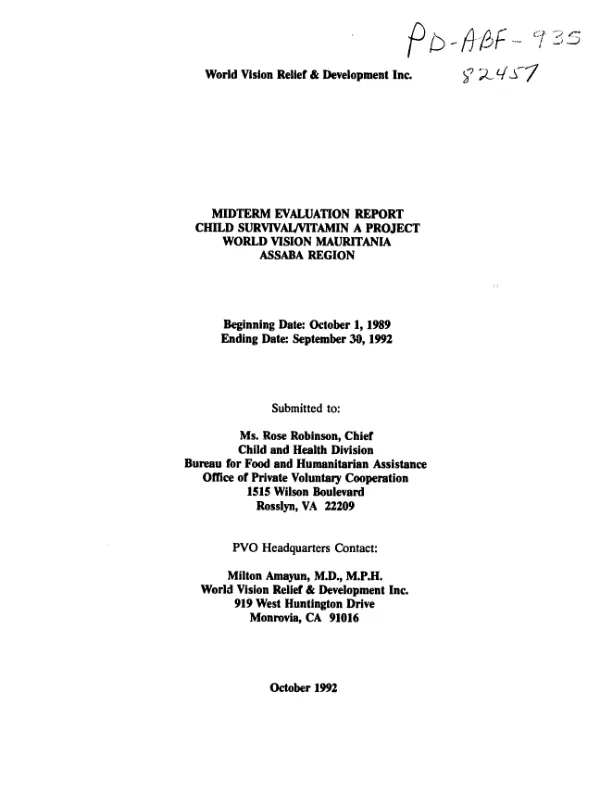 Midterm evaluation report : child survival/vitamin A project, World Vision Mauritania, Assaba Region