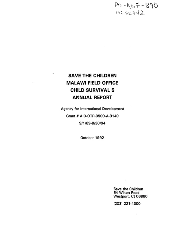 Save the Children Malawi field office : child survival 5 -- annual report [1992]