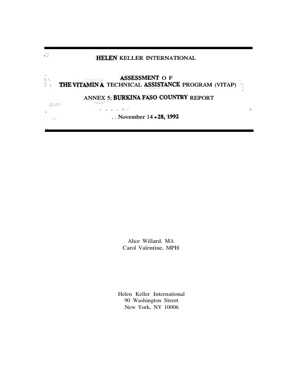 Helen Keller International : assessment of the Vitamin A technical assistance program -- Annex 5. Burkina Faso country report -- November 14-28, 1992
