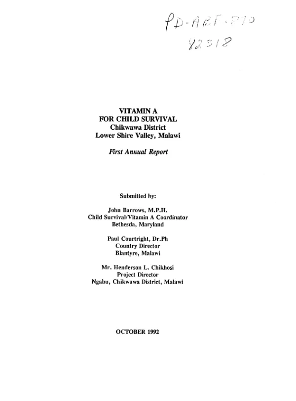 Vitamin A for child survival, Chikwawa District, Lower Shire Valley, Malawi : first annual report