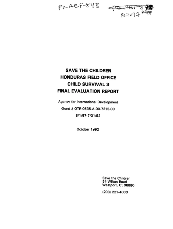 Save the Children Honduras field office, child survival 3 : final evaluation report, 8/1/87-7/31/92