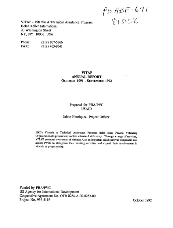 VITAP (vitamin A technical assistance program), [Helen Keller International] annual report : October 1991-September 1992