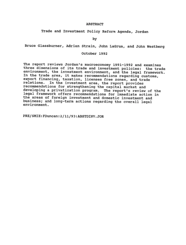 Trade and investment policy reform agenda, Jordan