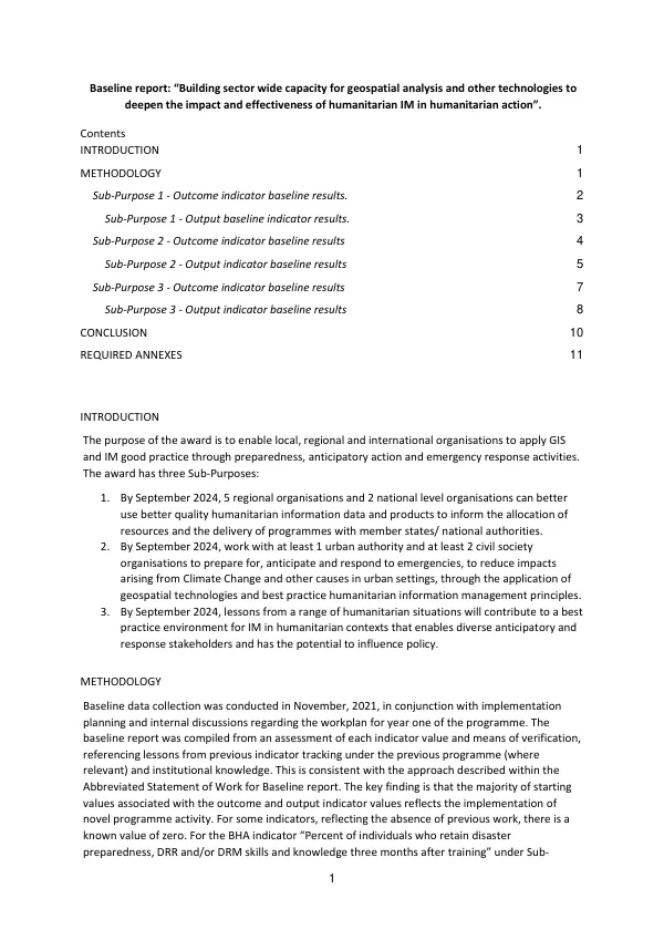 Baseline report : building sector wide capacity for geospatial analysis and other technologies to deepen the impact and effectiveness of humanitarian IM in humanitarian action