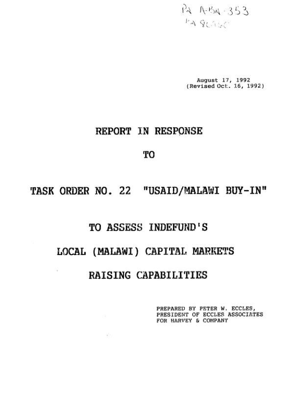 Report in response to task order no. 22, USAID/Malawi buy - in, to assess INDEFUND"s local (Malawi) capital markets raising capabilities